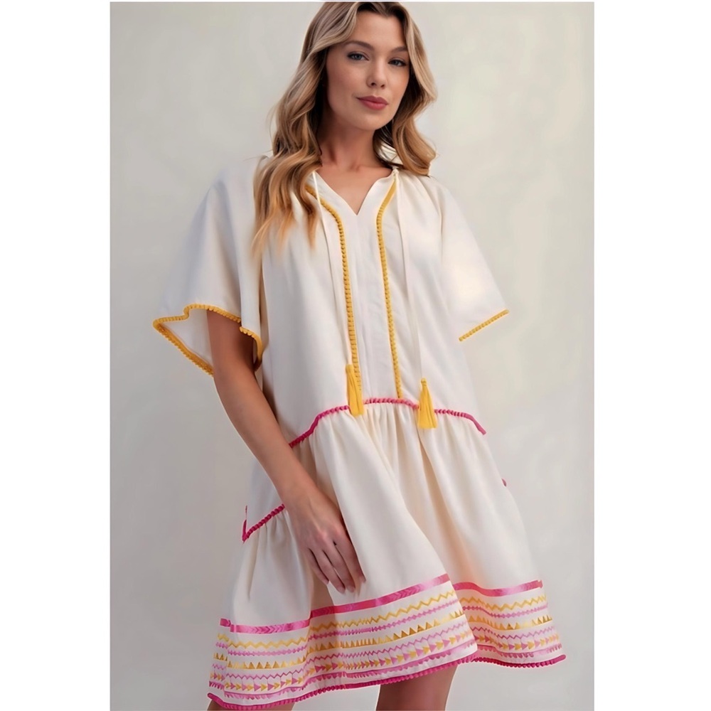 NEW! Easel Cotton Embroidered Pom Pom Trim Flutter Sleeves Pocket Dress! - Picture 2 of 5